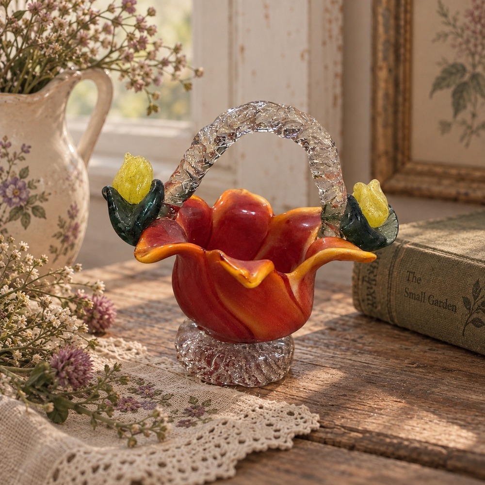 Vintage Art Glass Tulip Basket Red Yellow Flower Clear Twisted Handle 5.25"